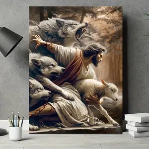 High-definition printed canvas art core, 1 piece Jesus, wolf and sheep wall art poster, frameless, classic style, suitable for living room, bedroom, study, church wall decoration hanging picture - perfect wall decoration, home decoration, festival gift