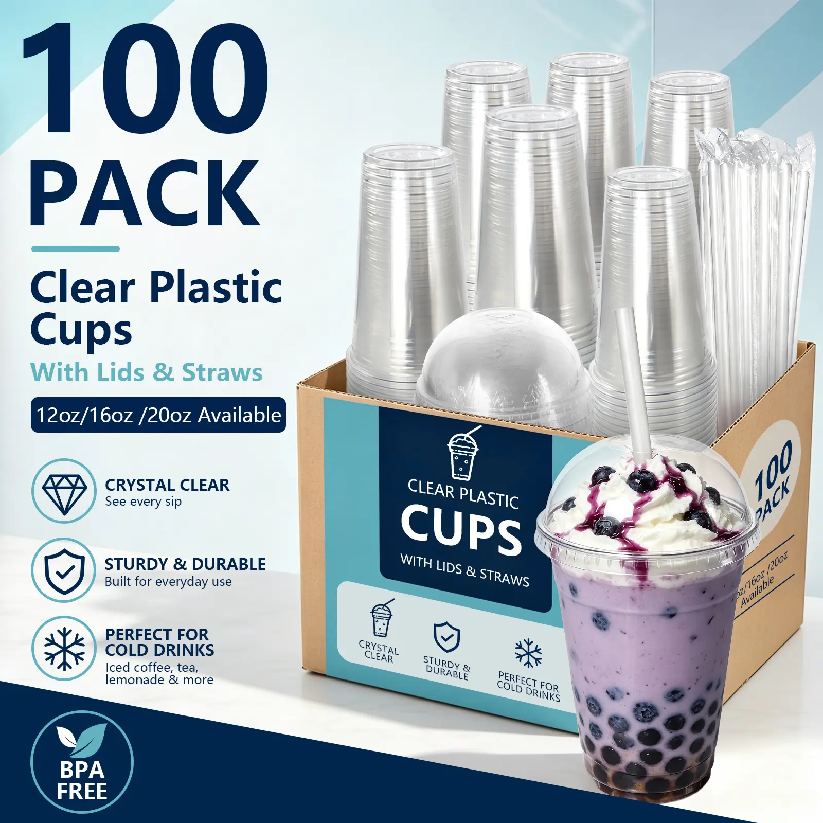 100 sets of 12oz/16oz/20oz disposable plastic lid coffee cups, take-away iced coffee cups, BPA-free transparent leak-proof dessert cups, suitable for juices, milk teas, smoothies, suitable for family gatherings, birthday parties, and outdoor picnics. Dome
