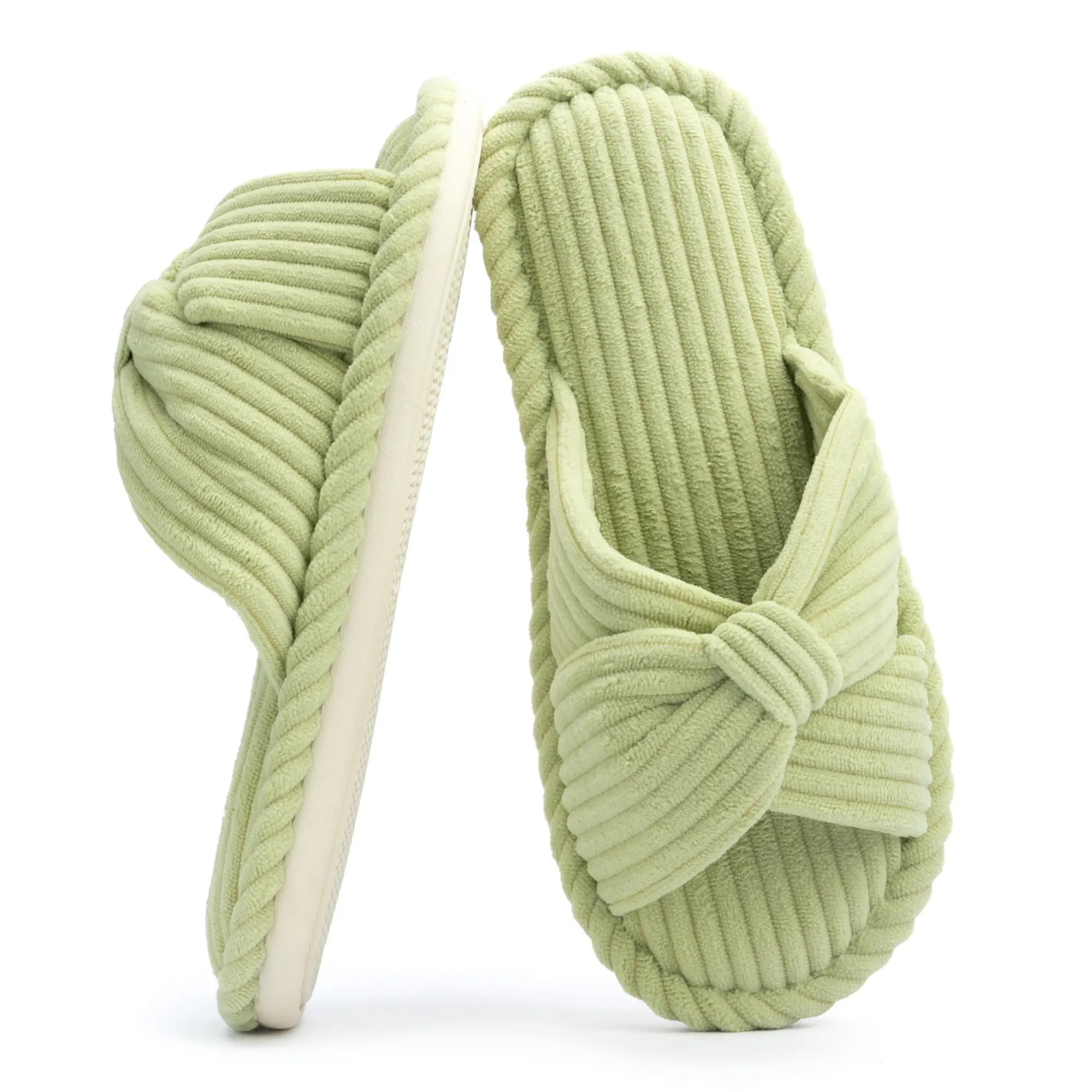 Chantomoo Open Toe Corduroy Bow Slippers for Women Memory Foam Cozy House Shoes Gift, Cross, Casual Slippers