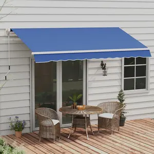 12x10ft Retractable Awning – Manual Operation. 280g Fabric – Lowers Heat Inside Home. Powder-Coated Aluminum & Steel Frame. Wall Must Support 55 lbs