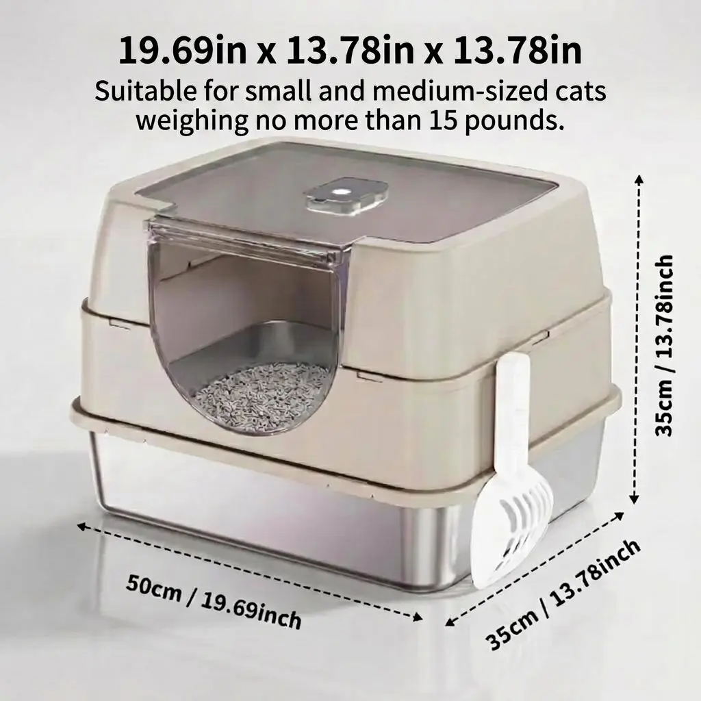 Premium Cat Litter Box for Small/Medium Cats Up to 15lbs, Stainless Steel Base & Plastic Shell（19.69in x 13.78in x 13.78in）Litter Cabinet, 3-Part Modular System, Odor Blocker Deodorizer, Antibacterial Non-Stick Flip-Top Lid, Gray/Beige Enclosure