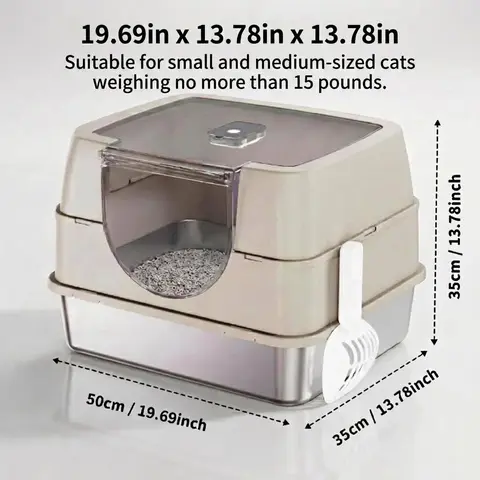 Premium Cat Litter Box for Small/Medium Cats Up to 15lbs, Stainless Steel Base & Plastic Shell（19.69in x 13.78in x 13.78in）Litter Cabinet, 3-Part Modular System, Odor Blocker Deodorizer, Antibacterial Non-Stick Flip-Top Lid, Gray/Beige Enclosure, Home Dec