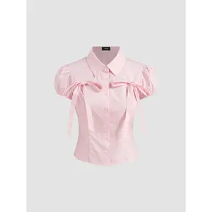 Cider 100% Cotton Bowknot Puff Sleeve Shirt