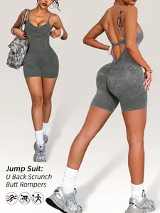 Women's High Elasticity Yoga Jumpsuit, Seamless Backless Design, Adjustable Straps, Detachable Padding, Above Knee Length, Plain Style, Workout Jumpsuits, Sport Jumpsuit