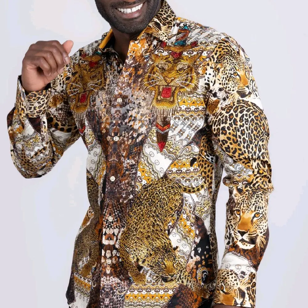 Barabas Men's Tiger Cheetah Rhinestone Long Sleeve Button Up Dress Shirt Menswear Top with Vibrant Animal Print