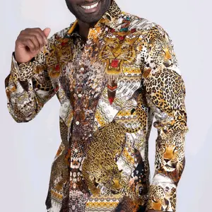 Barabas Men's Tiger Cheetah Rhinestone Long Sleeve Button Up Dress Shirt Menswear Top with Vibrant Animal Print