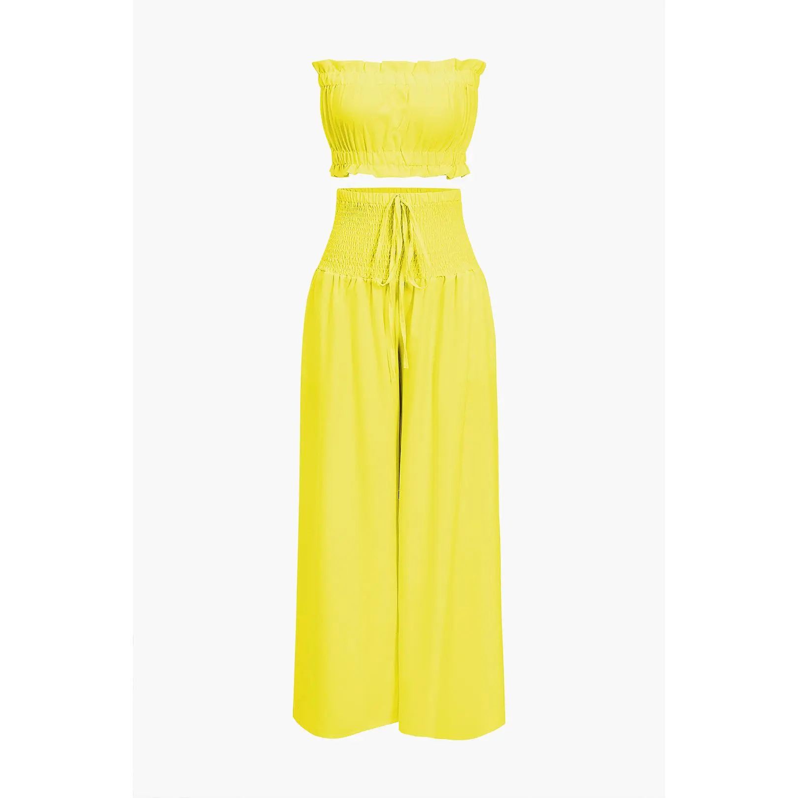 Ruched Tube Top And Tie Front Wide Leg Trousers Set