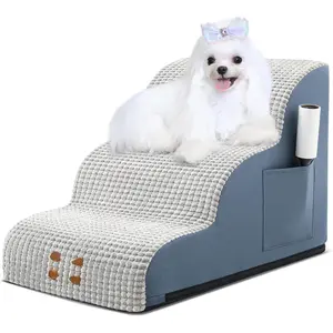 Stairs for Small Dogs 15.7" H, 3-Step Wide Pet Step for High Bed or Couch, Curved Pet Ramps for Cats with High-Density  and Washable Cover, Grey