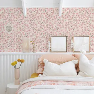 Pink Floral Peel and Stick Wallpaper, Waterproof Removable Self Adhesive Wallpaper for Bedroom Bathroom Kitchen Living Room, Vintage Flower Contact Paper for DIY Wall Decor