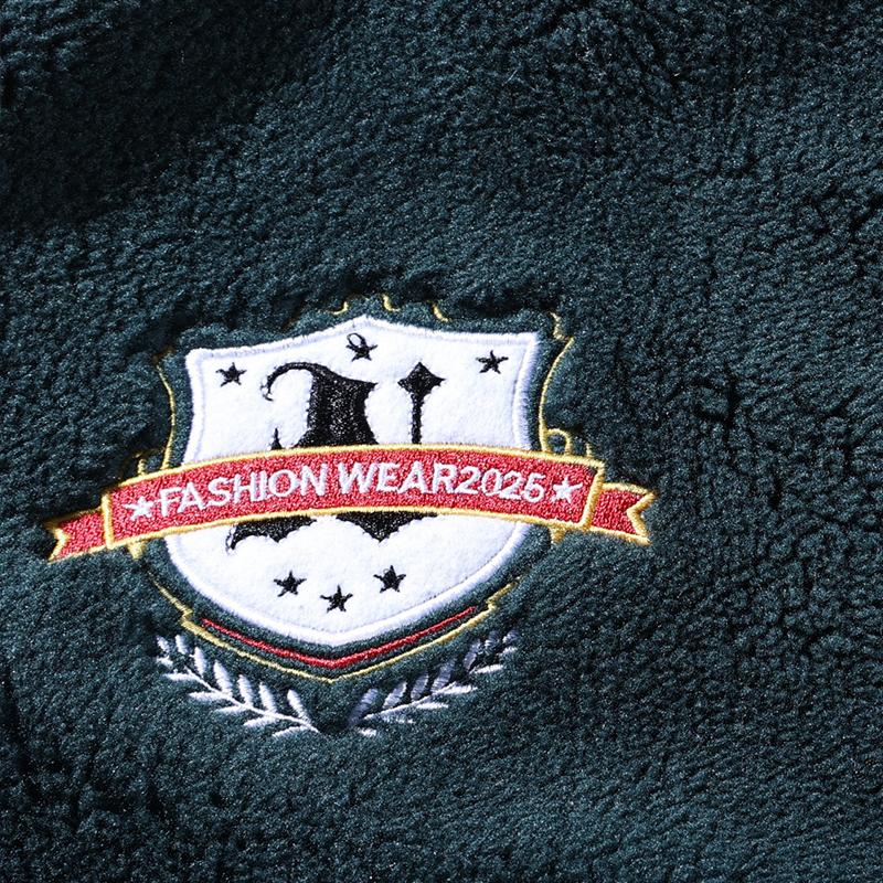 Mens Multi-Color 2-Tone Sherpa Fleece Zip-Up Varsity Coat - Menswear, Stylish Casual Fleece Jacket with Chest Shield & Patch Badges, Soft Warm Fabric for Daily Outdoor Activities, Tops