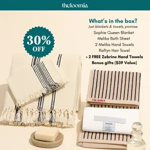 The Loomia Bestseller Box of Blanket & Towels - Queen Blanket, Bath Sheet, Hand Towels, Raftyn Hair Towel - Soft, Absorbent, Cozy Home Essentials