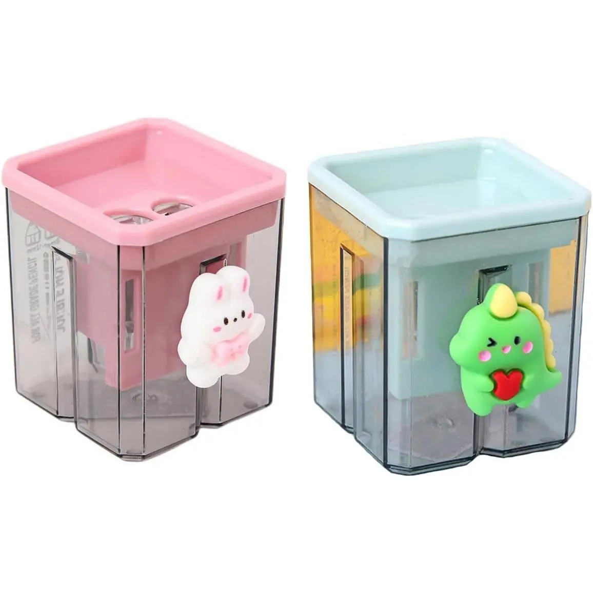2pcs Creative Cute Cartoon Double-Hole Pencil Sharpener 2pcs Creative Cute Cartoon Double Hole Pencil Sharpener, Student Hand Pencil Sharpener, Green Dinosaur + White Rabbit (3)