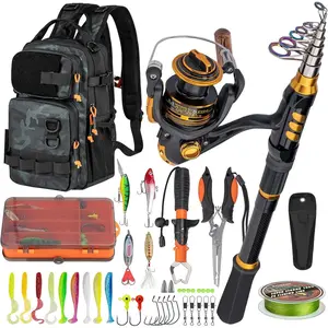Fishing Rod and Reel Combo with Backpack, Telescoping Fishing Pole Spinning Reel Kit with Fishing Lures, Pliers and Fish Lip Gripper for Adults