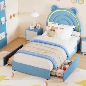 Garvee Twin Size Upholstered Platform Bed Frame with 2 Drawers, LED Light, and Adorable Bear Headboard, Low to the Ground for Easy Assembly, Blue