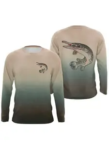 Men's Round Neck Long Sleeve Fishing Shirt, Gradient Color Breathable Quick-Dry Fabric, Outdoor Activity Wear, Gift for Anglers