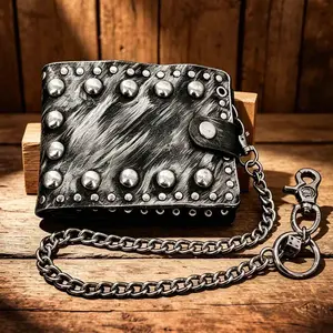 Retro Punk Rock Biker Rivet Leather Purse Wallet Men With Silver Chain