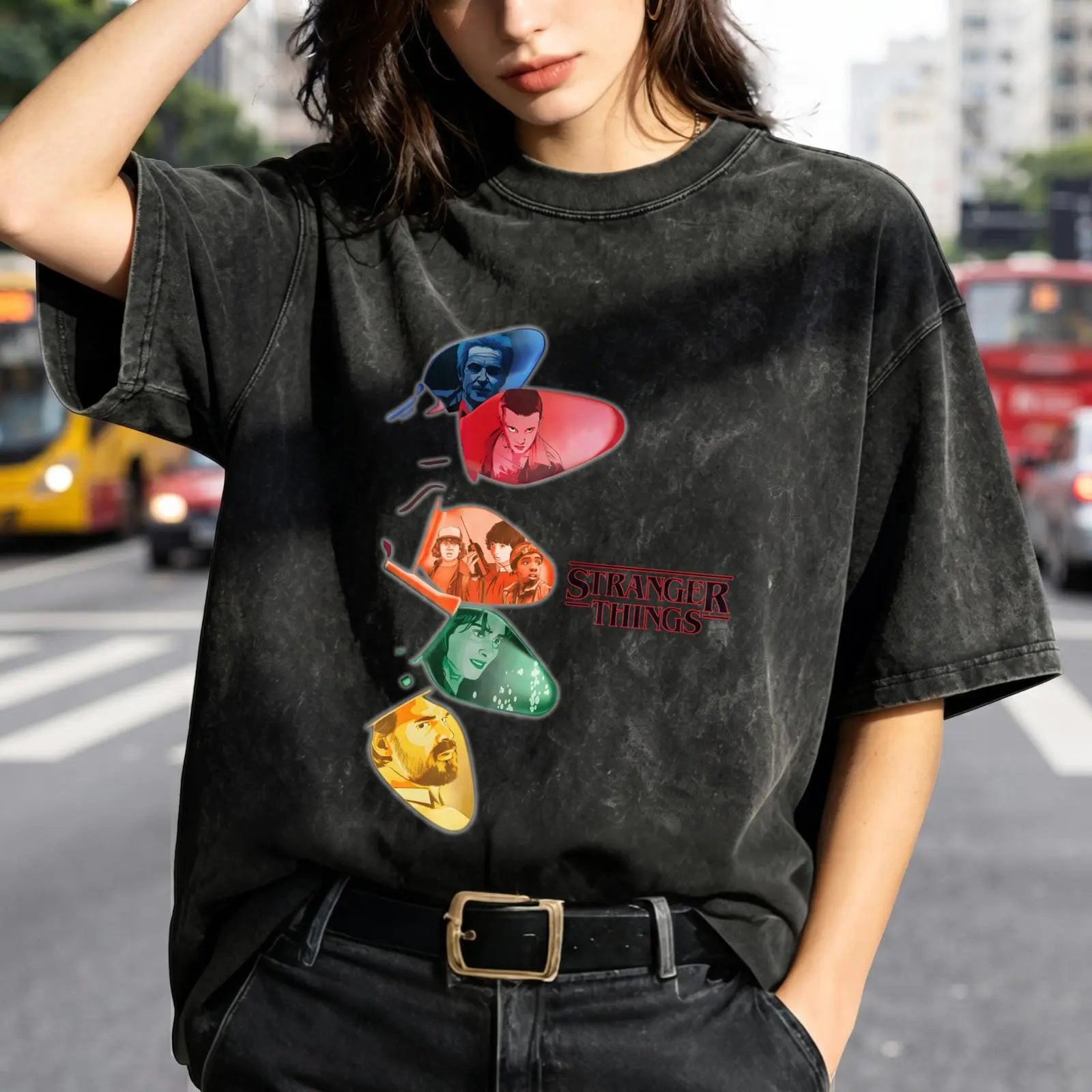 Stranger Things Characters Women's Vintage Washed T-Shirt Stranger Things Character Guitar Picks Oversized Graphic Tee Outdoor Casual Short Sleeve
