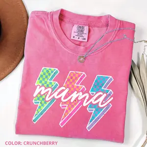 Comfort Colors Lightning Checkered Neon Mama T-Shirt, Neon Bolt Mom Tee, Trendy Bright Rock Mama Gift, Trendy Gift for Women, Cotton Fabric, Gift For Mom