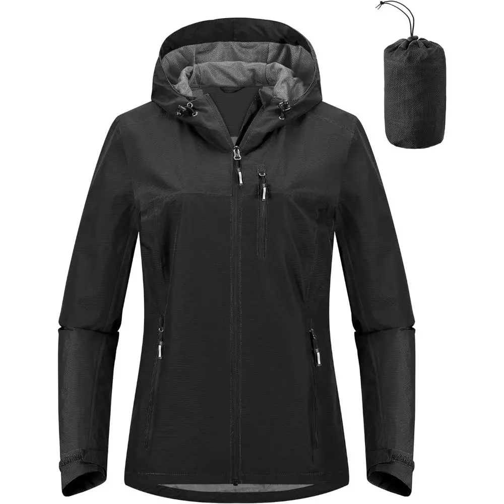 Women's Outdoor Raincoat - Casual Slim Style, Polyester Mesh Fabric Waterproof Coat, Lightweight Packable Hooded for Hiking, Cycling, Drawstring, Zippers, Ladies, Breathable, Hoodie, Tops, Jacket, Clothes, Long Sleeve, Fit, Lady, Running, Sports, Hunting,