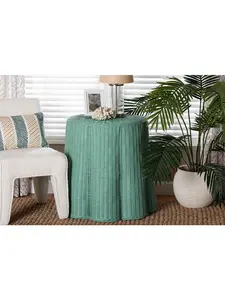 Bali & Pari 193271452989 Palm Scallop Handwoven Wicker Round Accent Coastal Boho Style Natural Rattan Console Table - Teal Green
