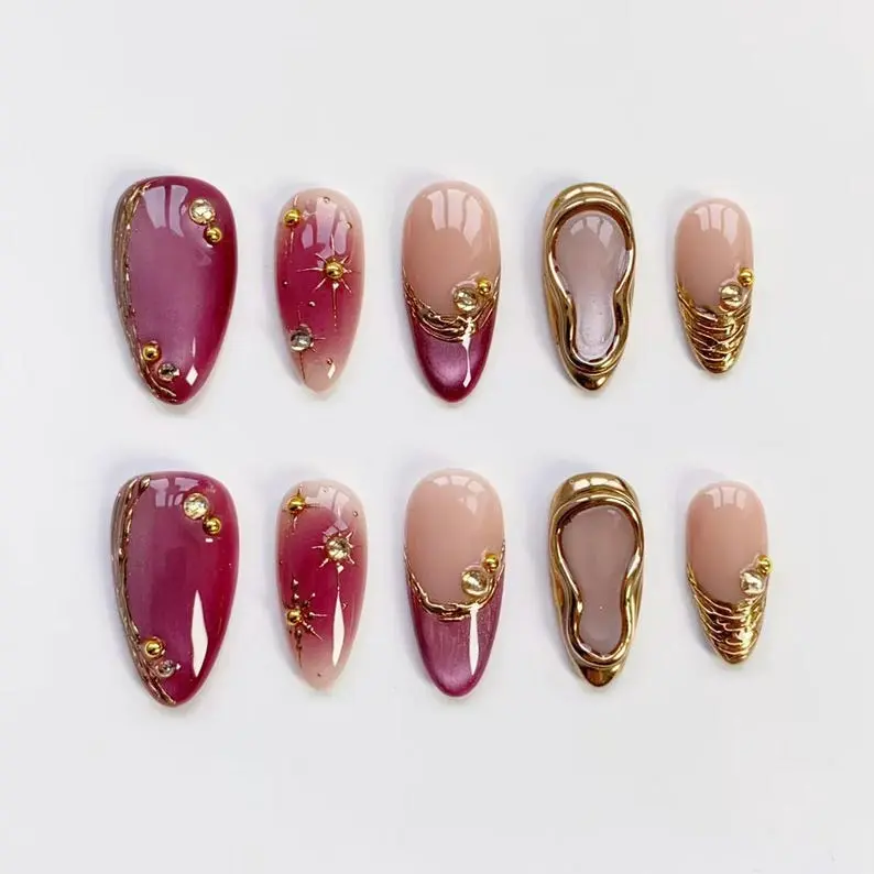 Aura Mulberry Cat Eye Nails, 3D Gold Chrome Nails, Elegant Nails