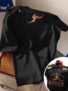 Men Women Cowboy Rodeo Feather Hat Horn Vintage Printed Tee, Loose Fit Breathable Soft Western Style Casual Clothing