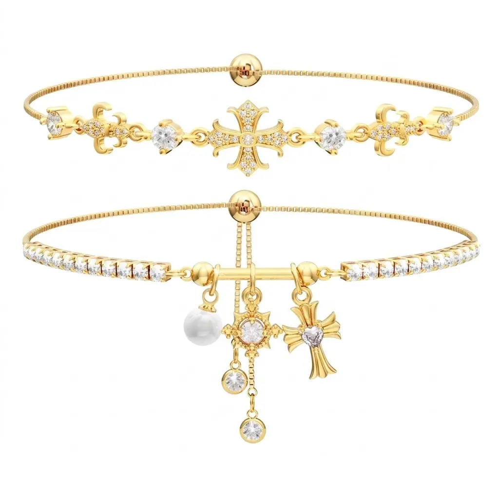 14k Gold Plated Copper Double Layered Bracelets for Women, Snowflake Cross Adjustable Sparkle Stackable Bracelet Set, Layered Christian Symbol Hypoallergenic Jewelry, Gift for Valentine Wedding Birthday Anniversary Christmas