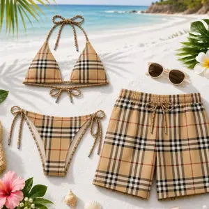 2026 Signature TB Matching Couple Swimwear Set - Women’s Viral Bikini, Men’s Beach Shorts, Ideal for Vacation Gifting