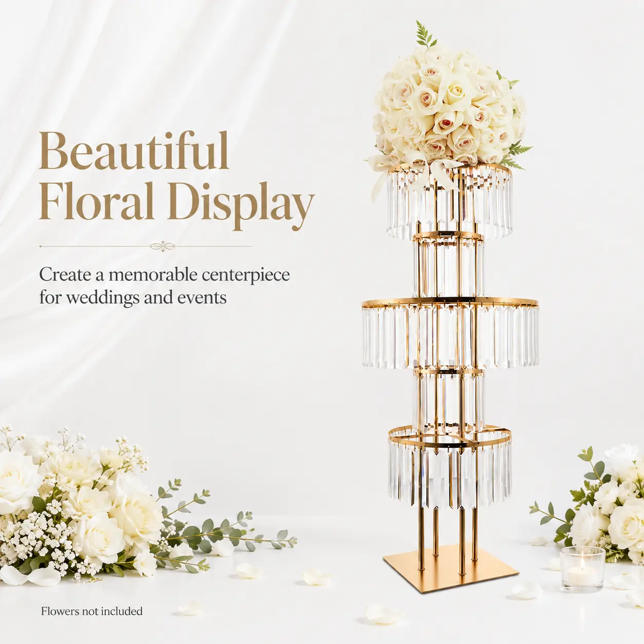 5-Tier Gold Acrylic Flower Stand - 43.3in Tall Electroplated Iron Wedding Centerpiece with Crystal Pendant, 11.81in Round Base, Floor Table Decor for Party Decor, Event Planners, Iron Frame