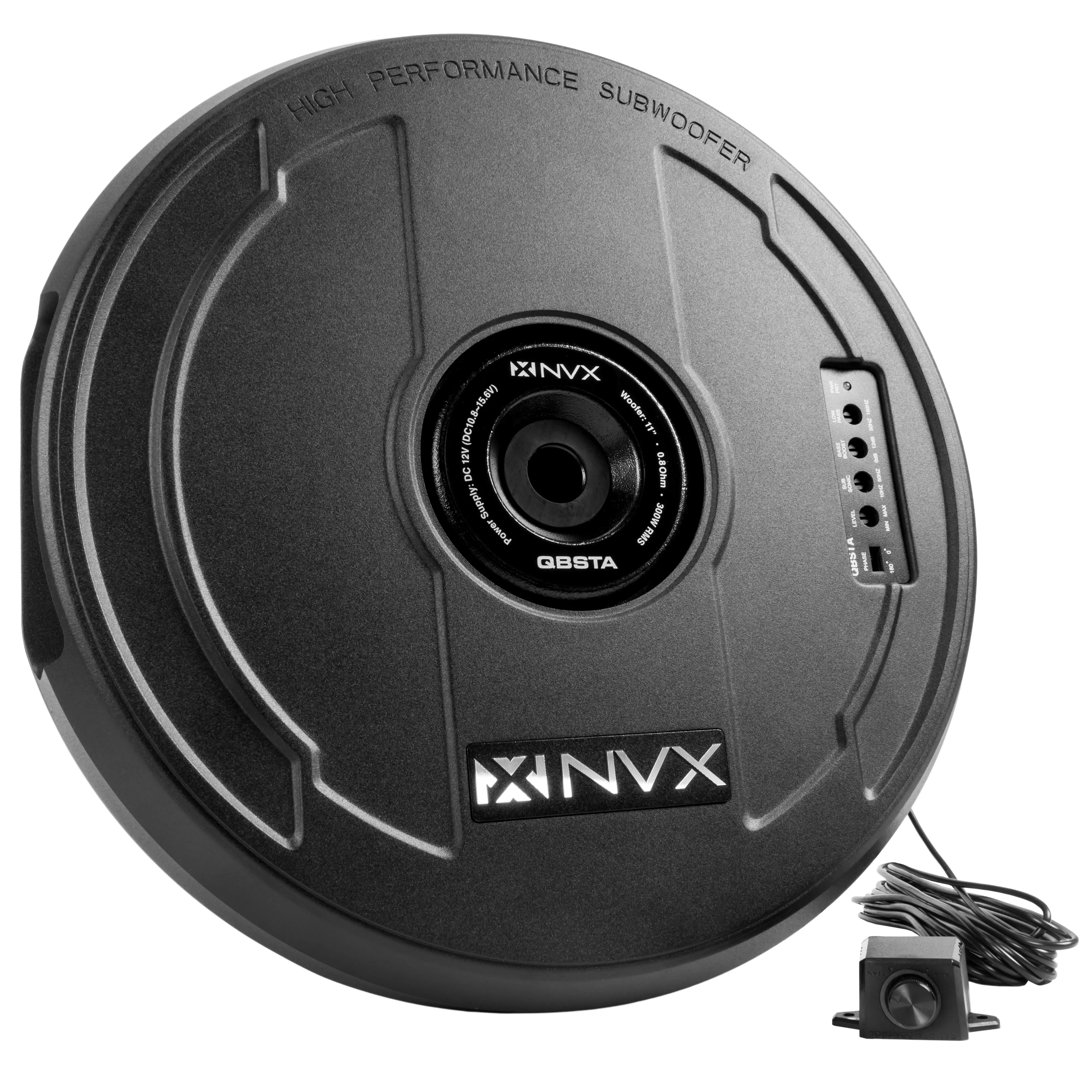 QBSTA 900W Peak (300W RMS) 11" Spare Tire Powered Subwoofer System with Remote Bass Knob