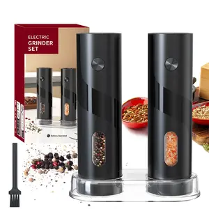 Electric Pepper and Salt Grinder Set, Battery Powered Adjustable 5 Levels of Coarseness Black Pepper Grinder Mill with Stand, Automatic Grinding with LED Light for BBQ Resturant Kitchen