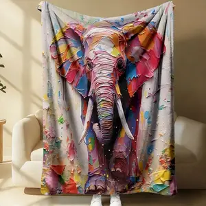 Oil Painting-Style Elephant Unique and Personalized Design Print Flannel Throw Blanket.Made of Soft Flannel Material, Suitable for Home Decoration, Camping, and Travel. Vibrant Decorative Blanket with Lively and Enjoyable Design
