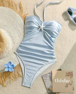 Soleia Summer Vacation Outfit Plus Size Women's Solid Color Faux Starfish Decor Ruched Twist Front One-Piece Swimsuit Sexy Beachwear Stretchy Bodysuit