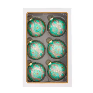 80MM Glass Aqua & Silver Glitter Ball Ornaments, 6-Piece Box