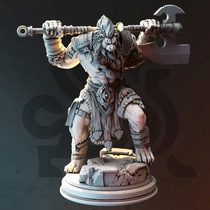 Lion-folk Barbarian Ezeqial 3D-Printed Resin Miniature - DM Stash Home Decor Statue, Anthropomorphic & Character Figure Collectible, 3D-Printed Resin Miniatures, Anthropomorphic Miniatures