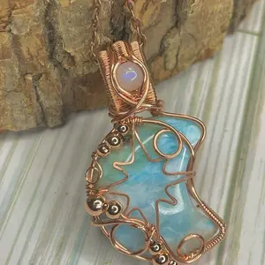 Larimar & Rainbow Moonstone Crescent Moon Genuine Copper ~ For communication, spiritual healing, peace, new beginnings