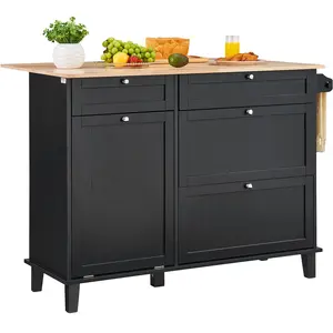 VEVOR Kitchen Island Cart,  50" Wood Top Breakfast Bar with Trash Cabinet Tilt Out 10 Gallon Storage, Farmhouse Dining Living Room Table with Drop Leaf, Towel Bar, Drawer, Black