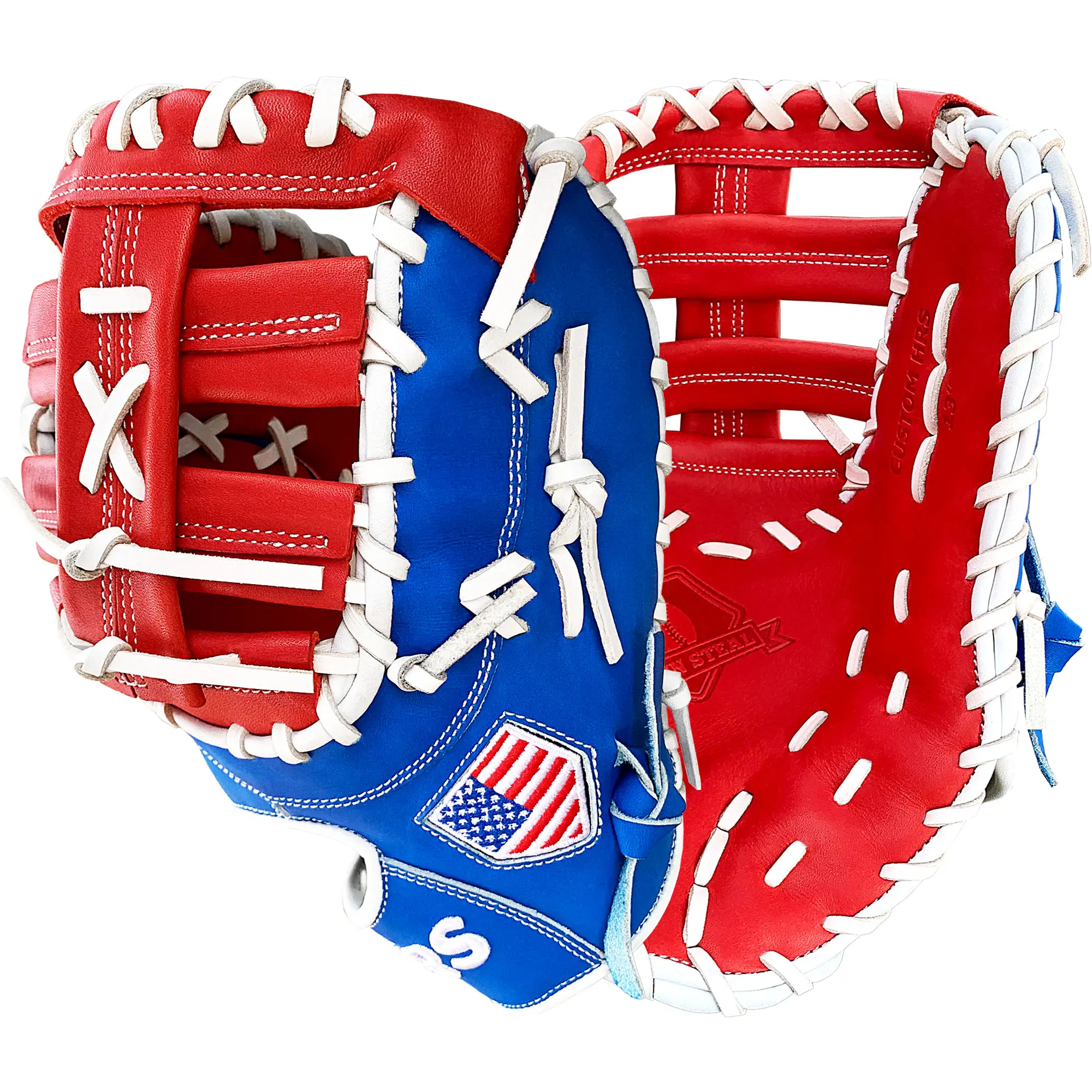 Hit Run Steal Barnstormer 13 Inch Baseball First Base Mitt - American Steerhide Leather, DualPalm Construction for Youth & Adults, Red/White/Blue, Unisex, Stretching Web, Baseball Sports Gloves, Left Hand Thrower, Pocket Consistency, Right Hand Thrower