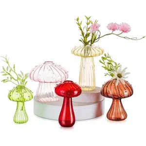 Glass Mushroom Vase , 5 count Colored Small Bud Flower Vases , Mushroom Propagation Hydroponic Vases, Funky Cottagecore Decor for Home Room Kitchen Office Windowsill Decorations