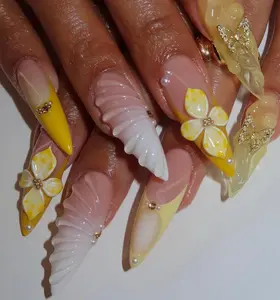 AURA NAILS \ Yellow Butterfly Summer Press On Nails  Yellow Ombre & Butterfly Accent Nails  Hand-Painted Yellow Floral Design  Handmade Nail  DB173H3