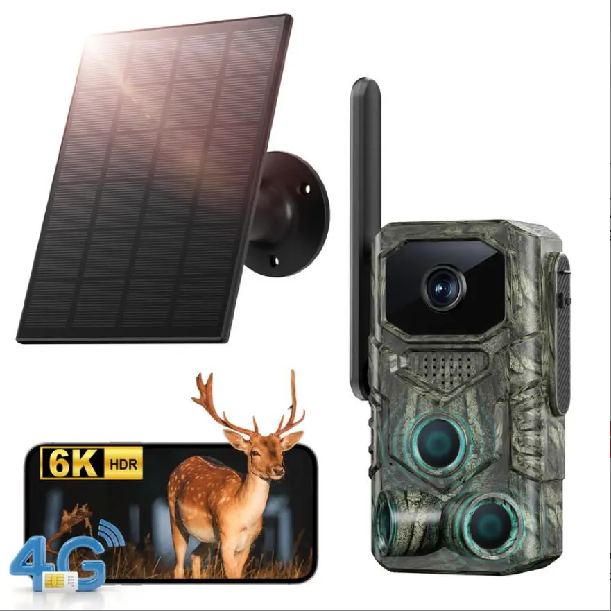 4G LTE Wireless Solar-Powered Trail Camera - 4MP HD Night Vision, 0.1s Trigger Speed, IP67 Waterproof, APP Remote Control for Wildlife Hunting, Farm Security, Carbon Fiber Holster Survival Kit, Trail Cameras
