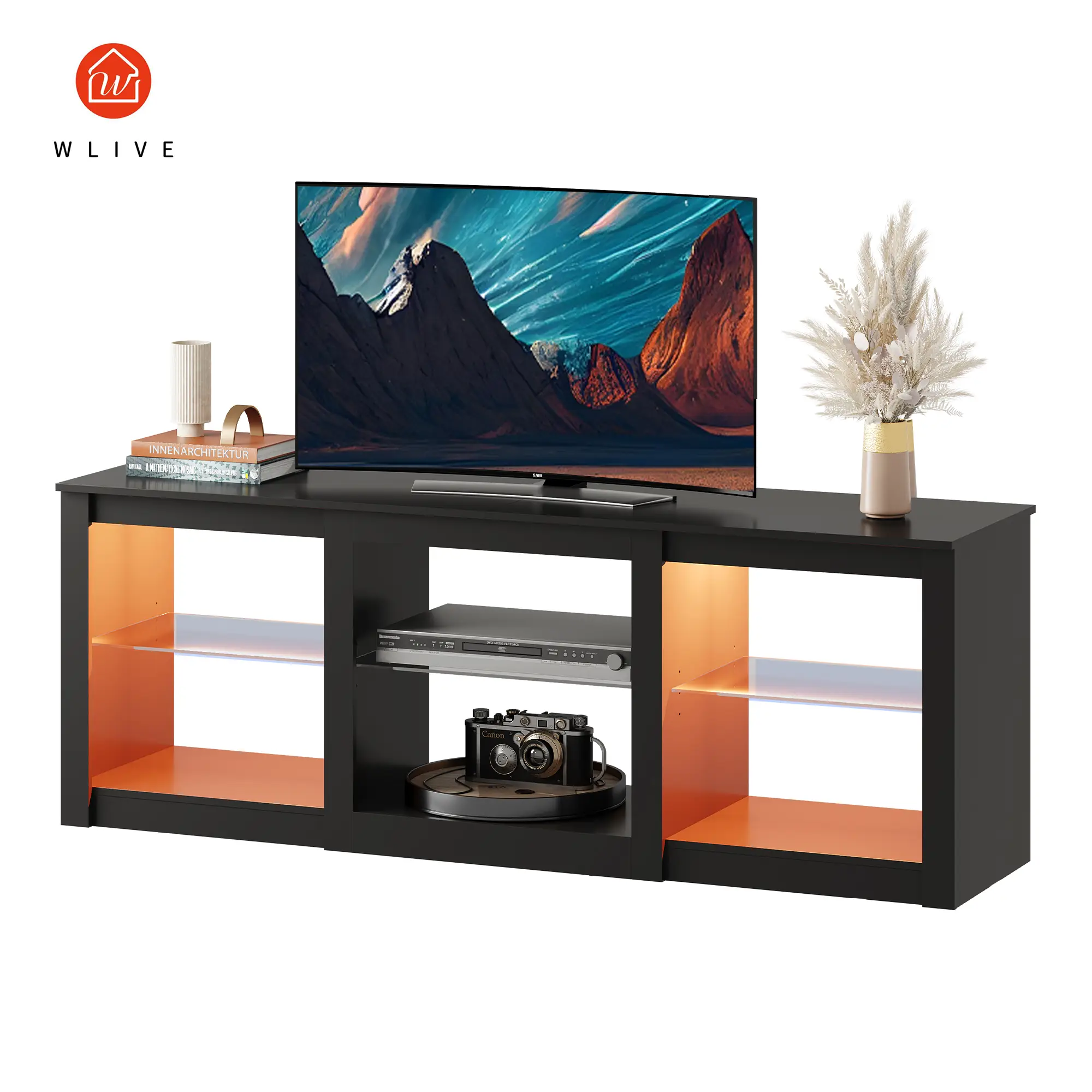 WLIVE 58" LED TV Stand | 65-Inch Media Console / 20-Color Mood Lights & 3 Adjustable Glass Shelves for Decor , 150lbs Capacity (Black Modern Design)