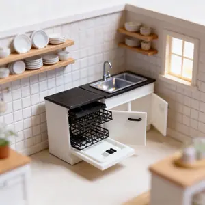 1:12 Scale Miniature Double Sink & Dishwasher with Pullout Racks Functional Miniatures for Dollhouse Kitchen Playtime
