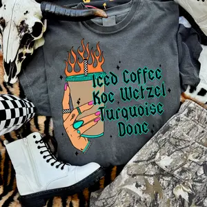 Iced Coffee, K W, Turquoise shirt, vintage crewneck sweatshirts, western outfit women, cowgirl outfits, western clothing stuff tops, country concert outfits, western style clothes