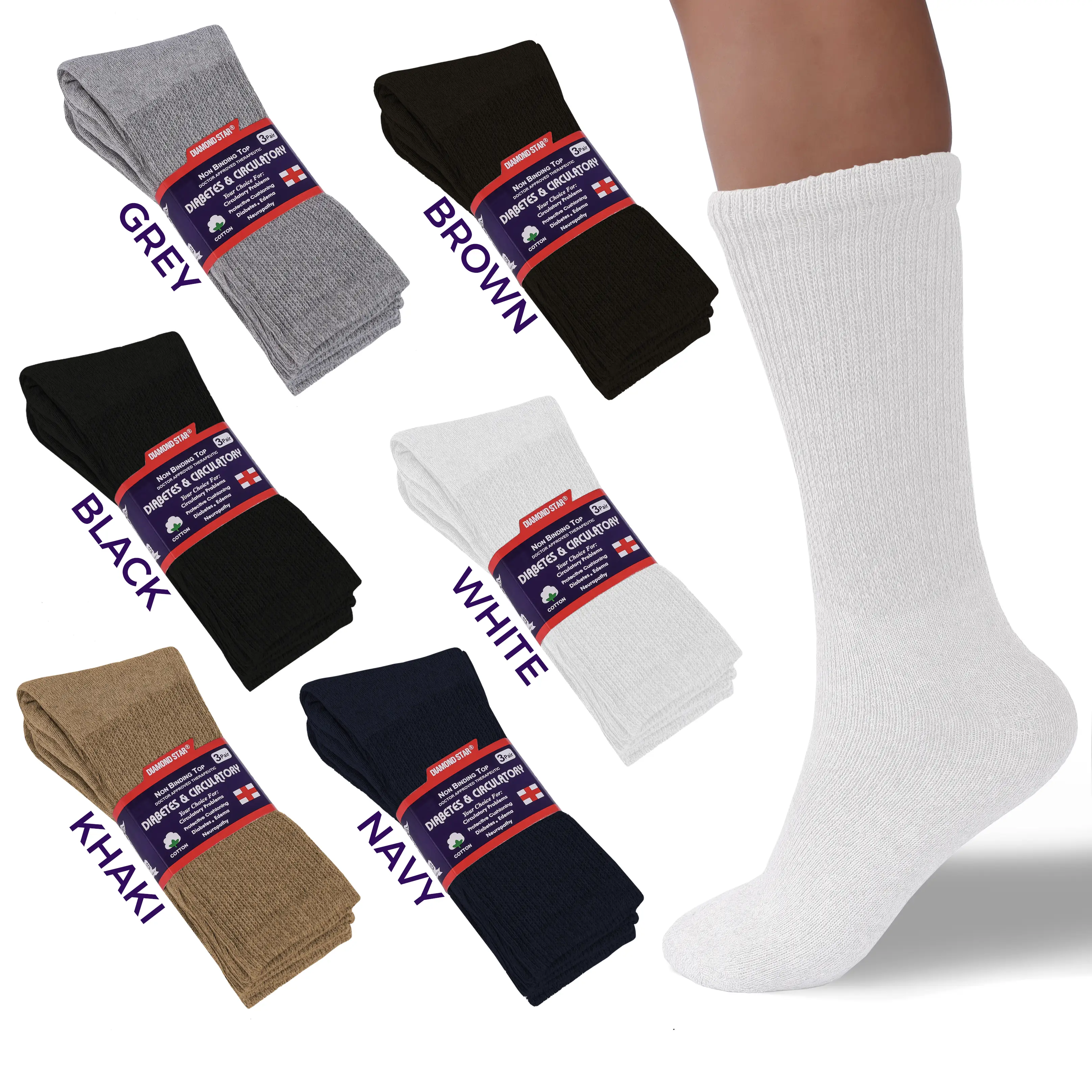 DIAMOND STAR 3-12 Pairs Diabetic Socks, Non-Binding Circulatory Cushion Cotton Crew Diabetic Socks for Men Women Menswear