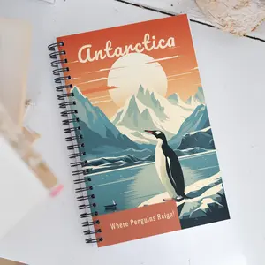Antarctica Penguin Themed Spiral Notebook - Office Stationery, 140 Dotted Pages, Laminated Cover, Vintage Travel Design, Ample Space for Notes, Non-Customized for Artists' Daily Lists & Sketches