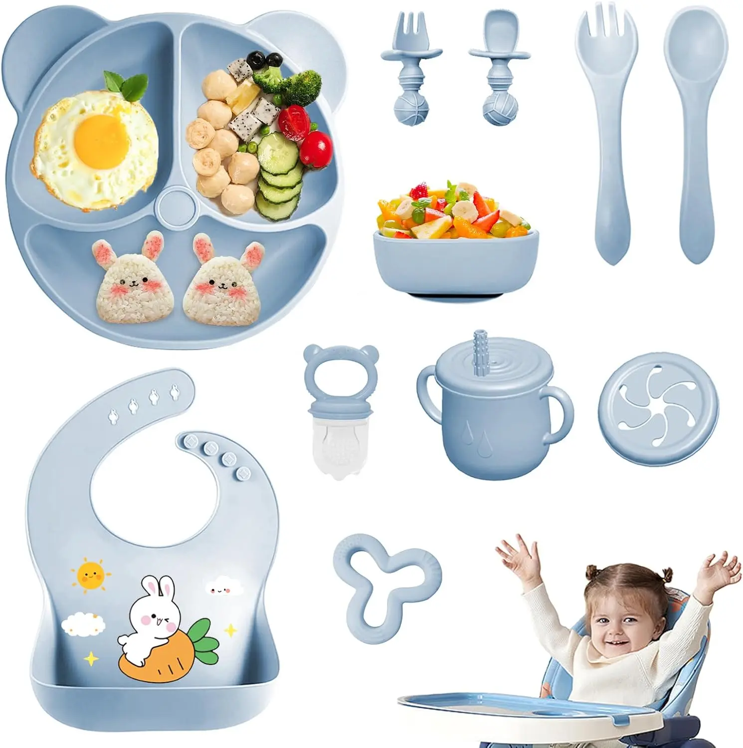 Bluet B- Silicone Baby Feeding Set with Pacifier - Baby Led Weaning Supplies - Baby Spoons, Suction Bowl - Plate - Baby Utensils Set - Silicone Feeding Set for Baby First Foods - 11pcs - Gray