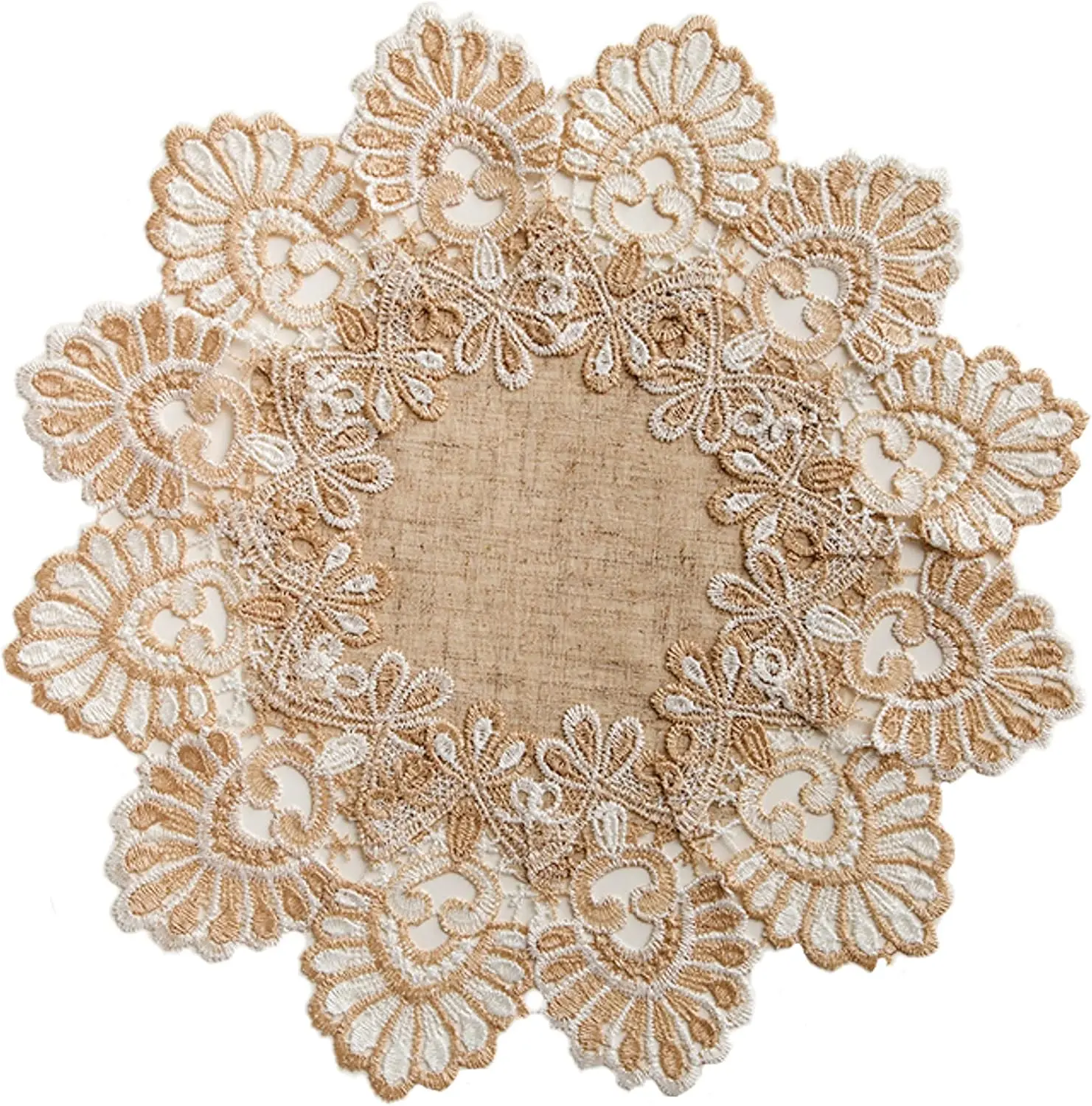 European Antique Jacquard Lace Table Doilies,Small Farmhouse Linen Embroidered Table Topper Scarf Place Mat RusticTable Cover (Flower Shape, Diameter 15.7Inch)