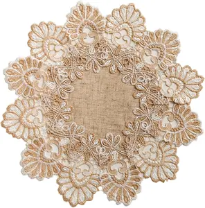 European Antique Jacquard Lace Table Doilies,Small Farmhouse Linen Embroidered Table Topper Scarf Place Mat RusticTable Cover (Flower Shape, Diameter 15.7Inch)