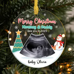 Personalized Christmas Ornament with Baby Ultrasound - Custom Merry Christmas Mommy & Daddy, See You in 2025 - Baby Name Ornament for Parents-to-Be